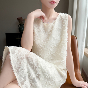 轻奢高端重工剪花无袖圆领宽松连衣裙女流苏肌理感气质背心直筒裙