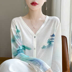 超柔软~国风莱赛尔天丝水溶针织防晒开衫女印花洋气时尚薄款外套