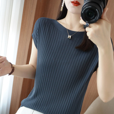 清仓冰丝针织衫女宽松25夏季新款上衣一字领薄款体恤小衫篇幅短袖