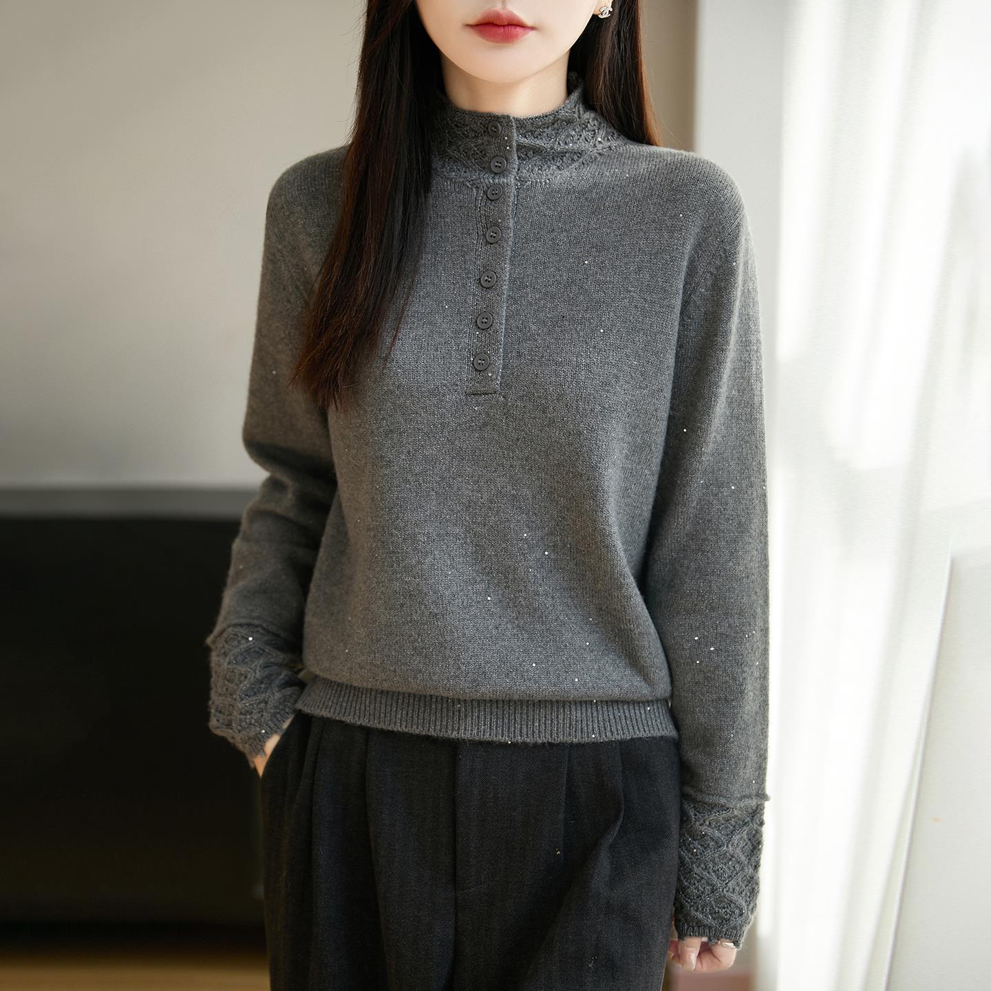 素雅风半高领纽扣半开领针织衫女洋气钩花内搭加厚保暖打底衫毛衣