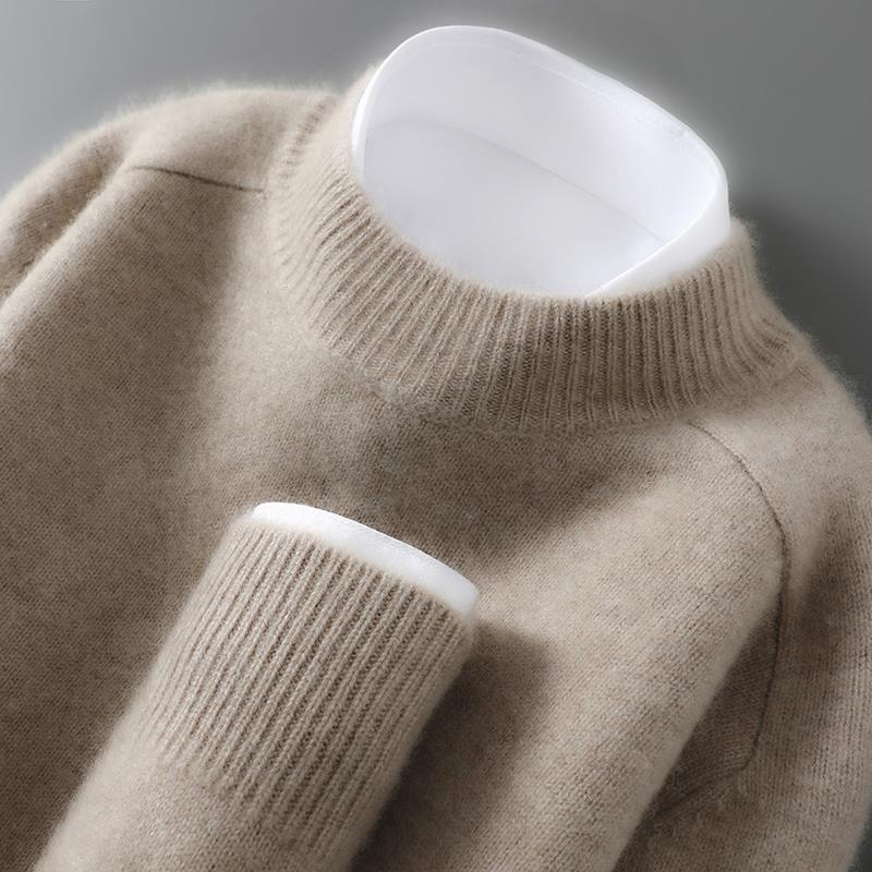 冬季新款加厚100%纯羊毛衫男马鞍肩半高领针织毛衣休闲宽松羊绒衫