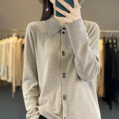 秋冬Polo领精纺羊毛开衫女