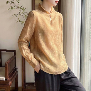 新中式立领盘扣丝质衬衫女长袖高级感减龄上衣天丝质感国风衬衣