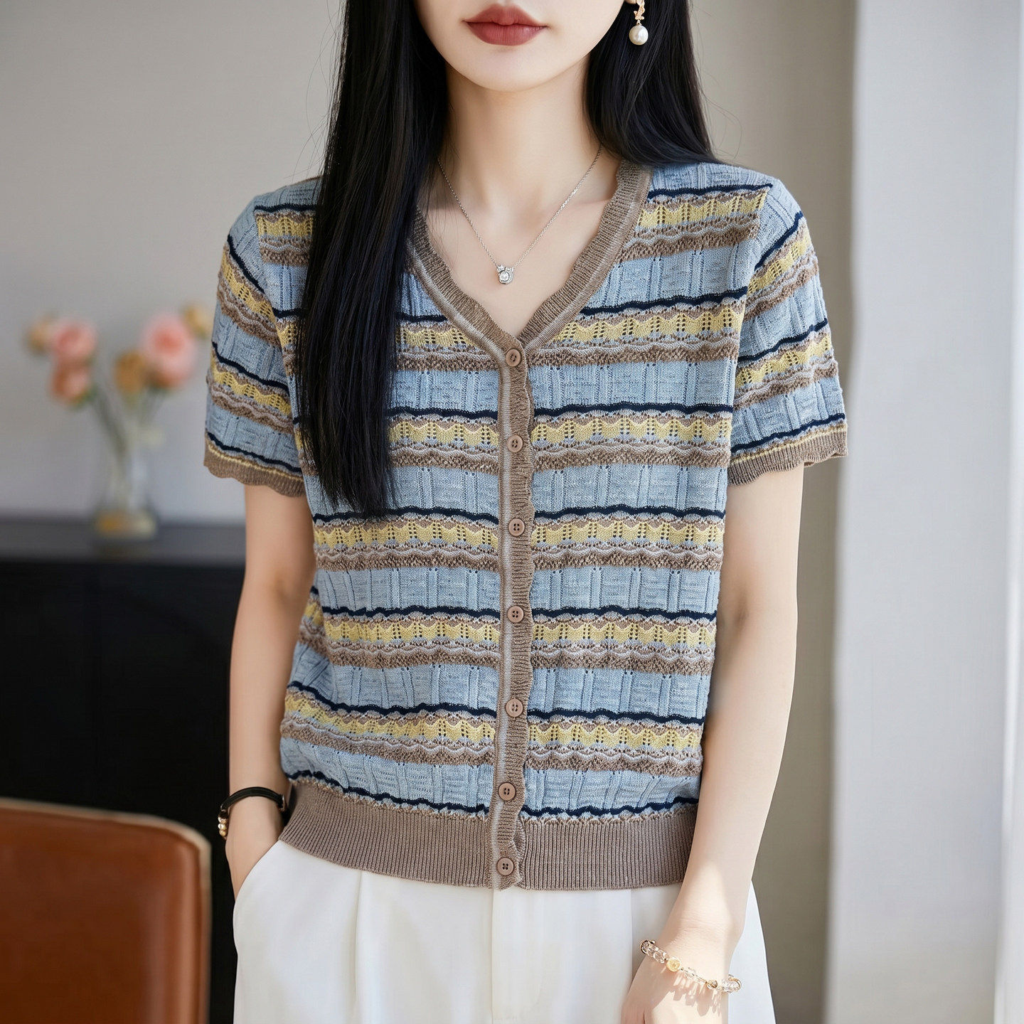 法式条纹针织短袖开衫女夏透气图片