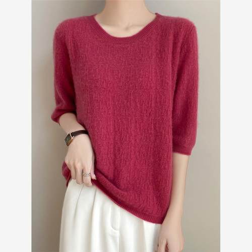 断码清仓云朵般亲肤无缝一体女圆领半袖短袖绞花气质设计款针织衫