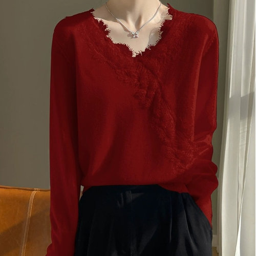 清仓捡漏~软糯红色羊毛衫女V领