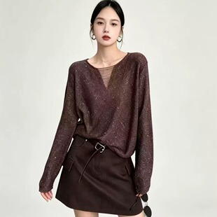 新品轻奢风亮片套头长袖V领针织衫女秋季显瘦毛衣薄款宽松打底衫