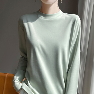 内搭 T恤女100%纯棉高端显瘦白色体恤西装 新疆长绒棉 半高领长袖