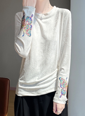 高级感新中式国风刺绣上衣女冬季新款设计感小众长袖t恤打底衫女