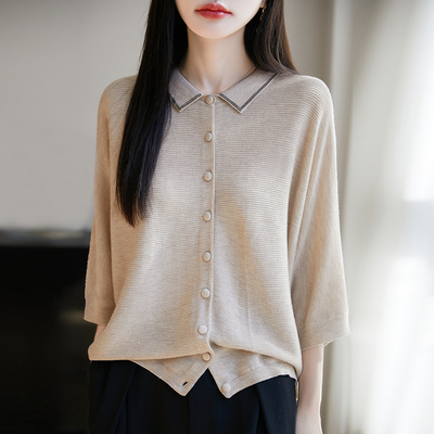 翻领烫钻五分袖针织开衫