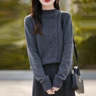 斜排扣软糯立领针织开衫女2025秋冬新款半高领毛衣内搭打底衫上衣