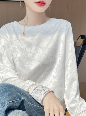 春秋新中式缎面提花圆领女衬衫