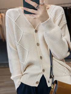 春秋新款不起球100%纯棉开衫女V领宽松短款外套针织长袖气质毛衣