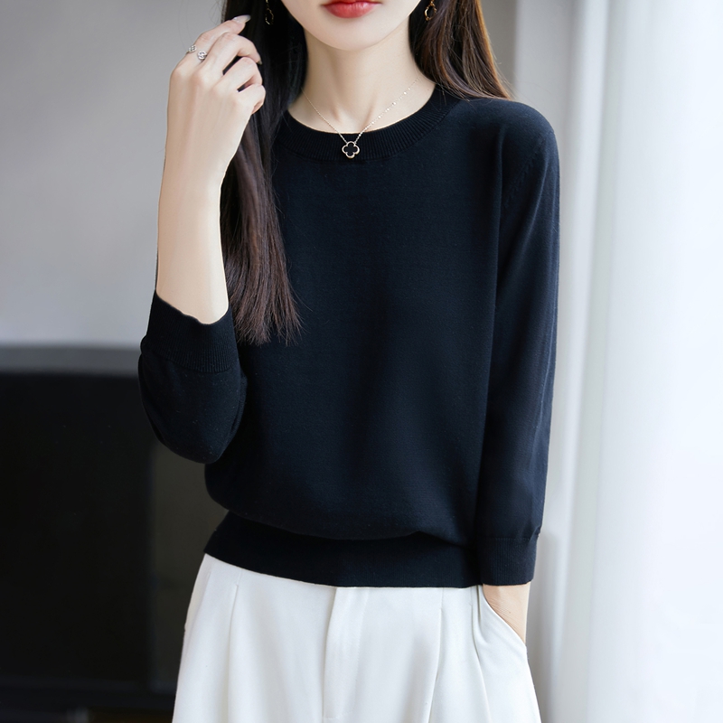 100纯棉线圆领针织衫七分袖