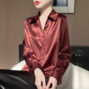 缎面绸缎V领白色衬衫女春秋新款通勤光泽缎面职业正装面试衬衣