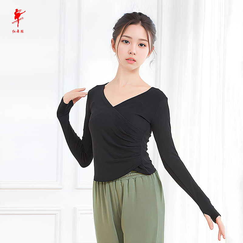 红舞鞋现代舞服女夏针织套指交叉长袖不规则古典舞服成人3578