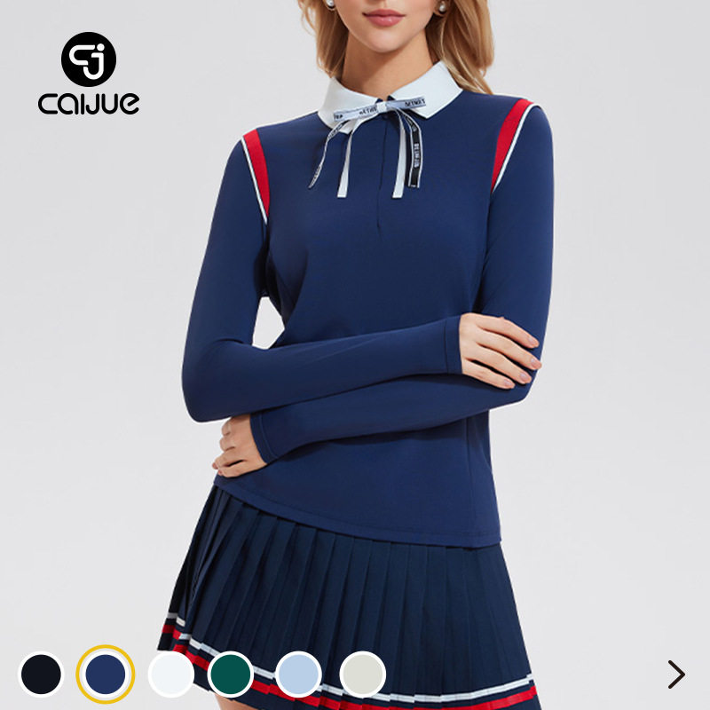 才爵跨境法式学院风网球服女长袖T桖户外健身衣羽毛球运动上衣女