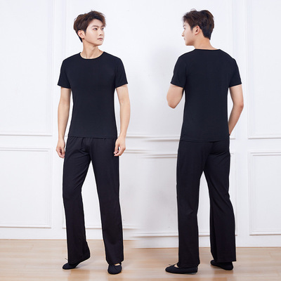 圆领黑色短袖舞蹈练功服男士套装春夏中国舞舞蹈服直筒裤现代舞