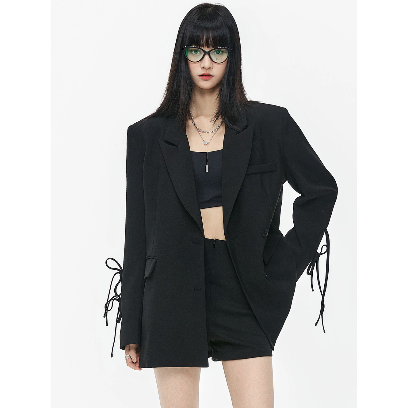 SeeU喜尤设计感黑色休闲西装外套女蝴蝶结西装宽松百搭显瘦西服女