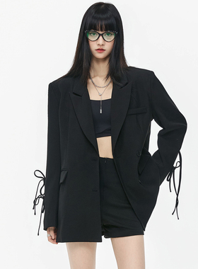 SeeU喜尤设计感黑色休闲西装外套女蝴蝶结西装宽松百搭显瘦西服女