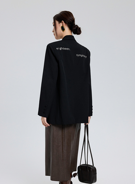 SeeU喜尤黑色西装外套女2025春秋气质宽松休闲绣花长袖小西服外套