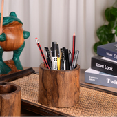 泰国实木笔筒办公室桌面笔桶卧室化妆刷收纳盒木质杂物桌面收纳桶