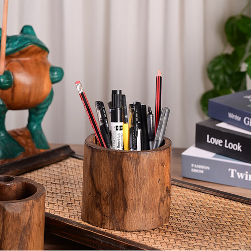 两只大象泰国桌面实木笔筒