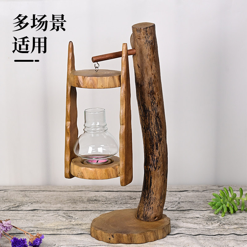 泰国进口实木原木复古防风烛台马灯东南亚户外创意摆件灯罩蜡烛台