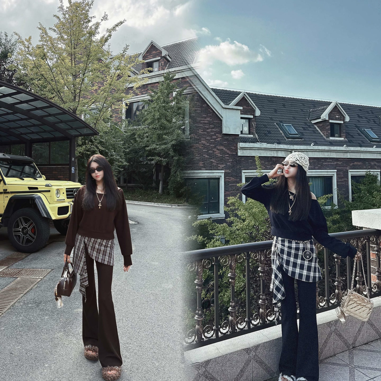 姗蔓大姗姗家加肥加大码女装新品设计感小众露肩拼格子显瘦两件套