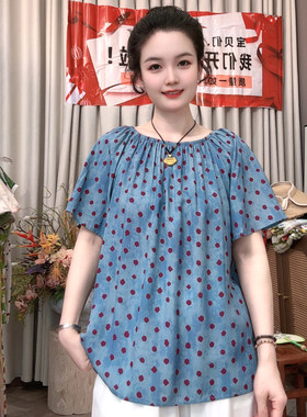 2026年夏季新款棉绸圆领短袖T恤女宽松显瘦百搭人造棉喇叭袖上衣