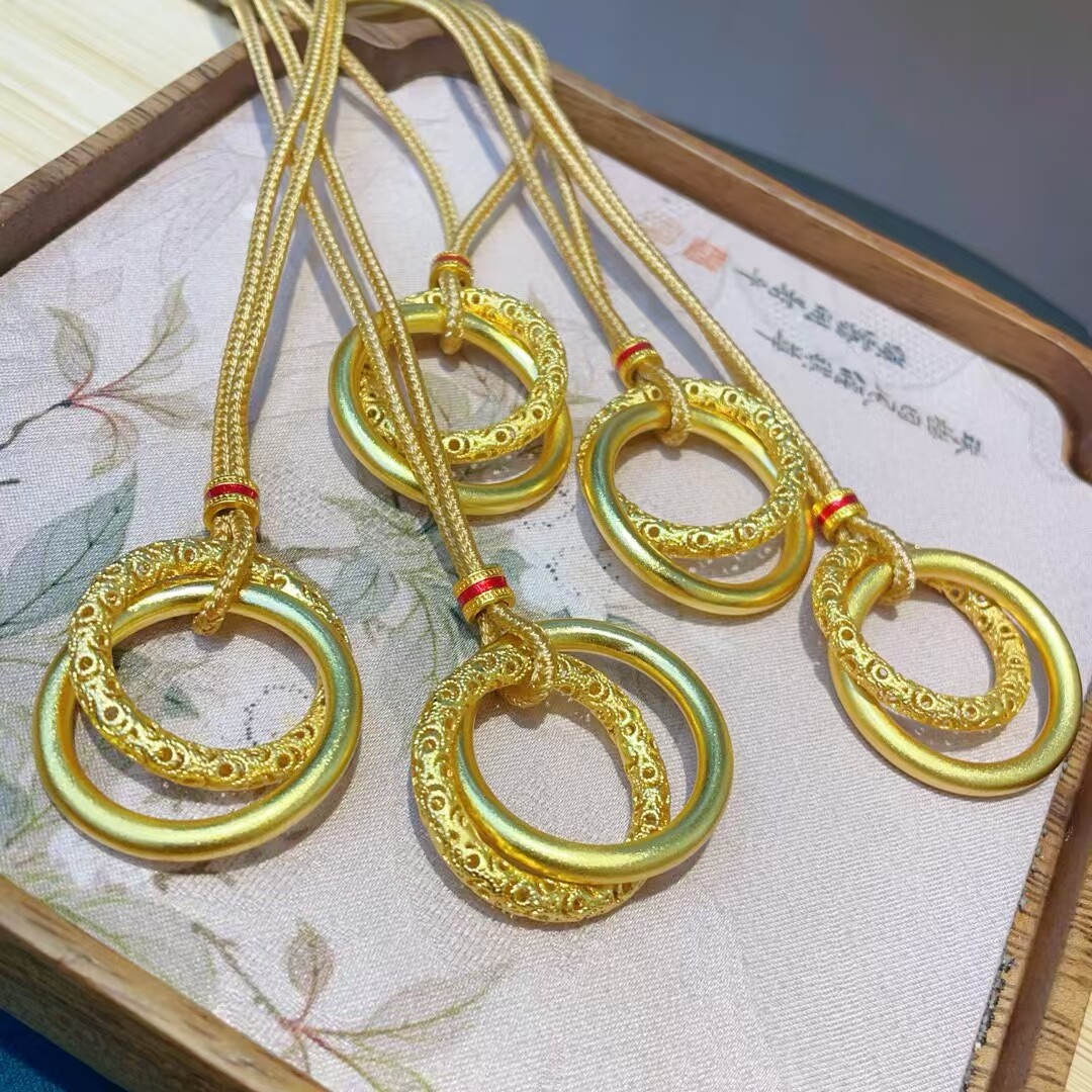 新款双环相扣素圈吊坠项链女士编织绳子越南沙金仿真黄金首饰