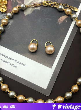 复古西洋香槟灰色拼接琉璃珍珠项链铜耳环中古简约颈链耳环套装