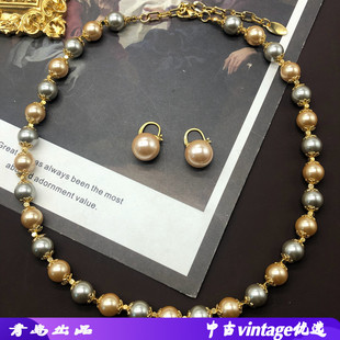 复古西洋香槟灰色拼接琉璃珍珠项链铜耳环中古简约颈链耳环套装