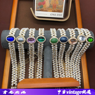中古vintage项链灰贝珍珠彩色琉璃颈链耳钉手链套装赫本旗袍配饰