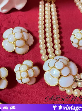 耳钉戒指项链胸针 中古时尚山茶花珍珠项链 白色优雅立体花朵胸花