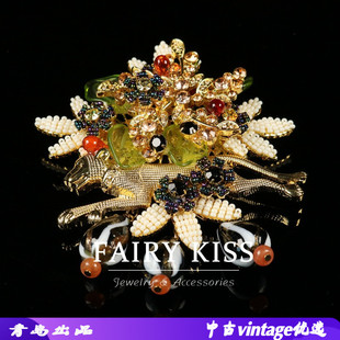 动物花朵珐琅女镂空胸花 中古vintage胸针精致手工编织镶钻米粒珠