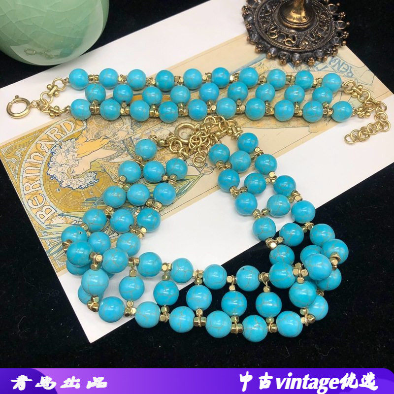 中古复古风多排绿松石手工编织短