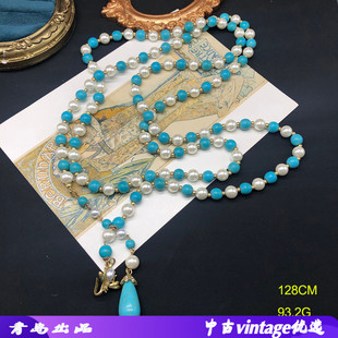 经典设计感绿松石珍珠手工串珠长款项链气质百搭小蜜蜂卡扣毛衣链