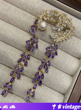 新款设计感法式复古大气奢华精致紫色柳叶流苏胸针防走光配饰