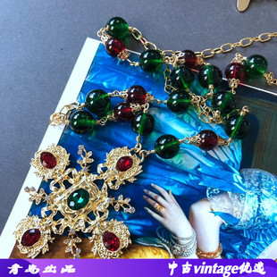 电镀真金古vintage红绿色琉璃圆珠优雅十字架形宝石钻毛衣链项链