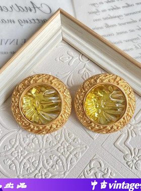 电镀黄色琉璃石圆形耳夹不规则纹理简约通勤耳钉中古彩色琉璃耳夹