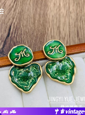 中古vintage港风设计感绿色耳钉 田园风爱心中古耳饰复古法式耳钉