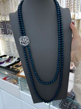 墨蓝色琉璃珠镶钻镂空玫瑰花双层