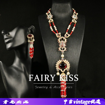 中古项链耳环套装红色流苏耳坠镶
