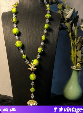 小清新绿色中古饰品印花琉璃镶钻燕子项链耳坠长款扫肩耳环套装女