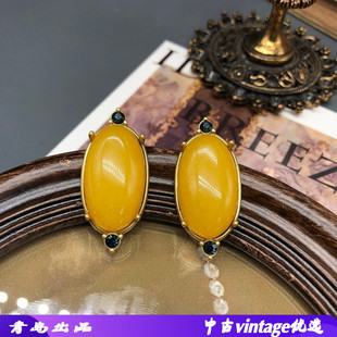 铜材质复古做旧金粉晶黄玉石头爪镶耳钉戒指套装优雅百搭指环耳饰