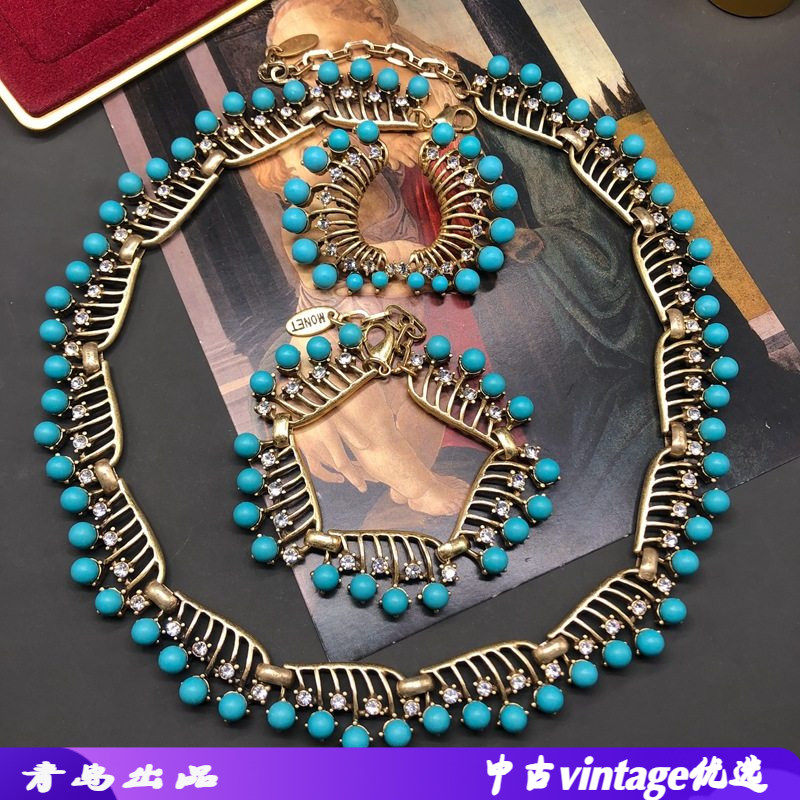 青岛中古饰品绿松石项链手链耳环套装复古颈链耳钉优雅百搭手环