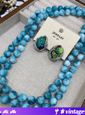 天然海纹石浅蓝玉髓串珠项链