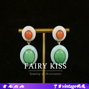复古欧美经典 椭圆清新耳坠拼色高级轻奢耳环薄荷绿石头耳饰耳钉