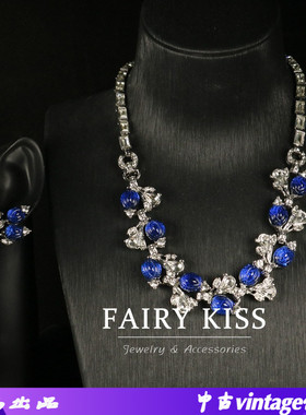 中古新款精致镶钻宝蓝色琉璃花朵项链百搭耳钉豪华雅致手链女套装
